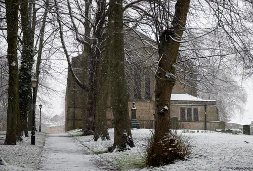 Holy trinity church Chestefield snow This landscape photograph shows Holy Trinity Church in Chesterfield, Derbyshire, United Kingdom, on a snowy winter morning. The church architecture is partly obscured by a row of tall trees, each of which is dusted lightly with fresh snow, and a stone path passes through the churchyard. The snow covers the ground and highlights the bare branches of the trees, framing the historic Holy Trinity Church. This winter image, with its combination of snow, trees, and traditional church architecture, captures the quiet atmosphere of a Derbyshire morning in Chesterfield.